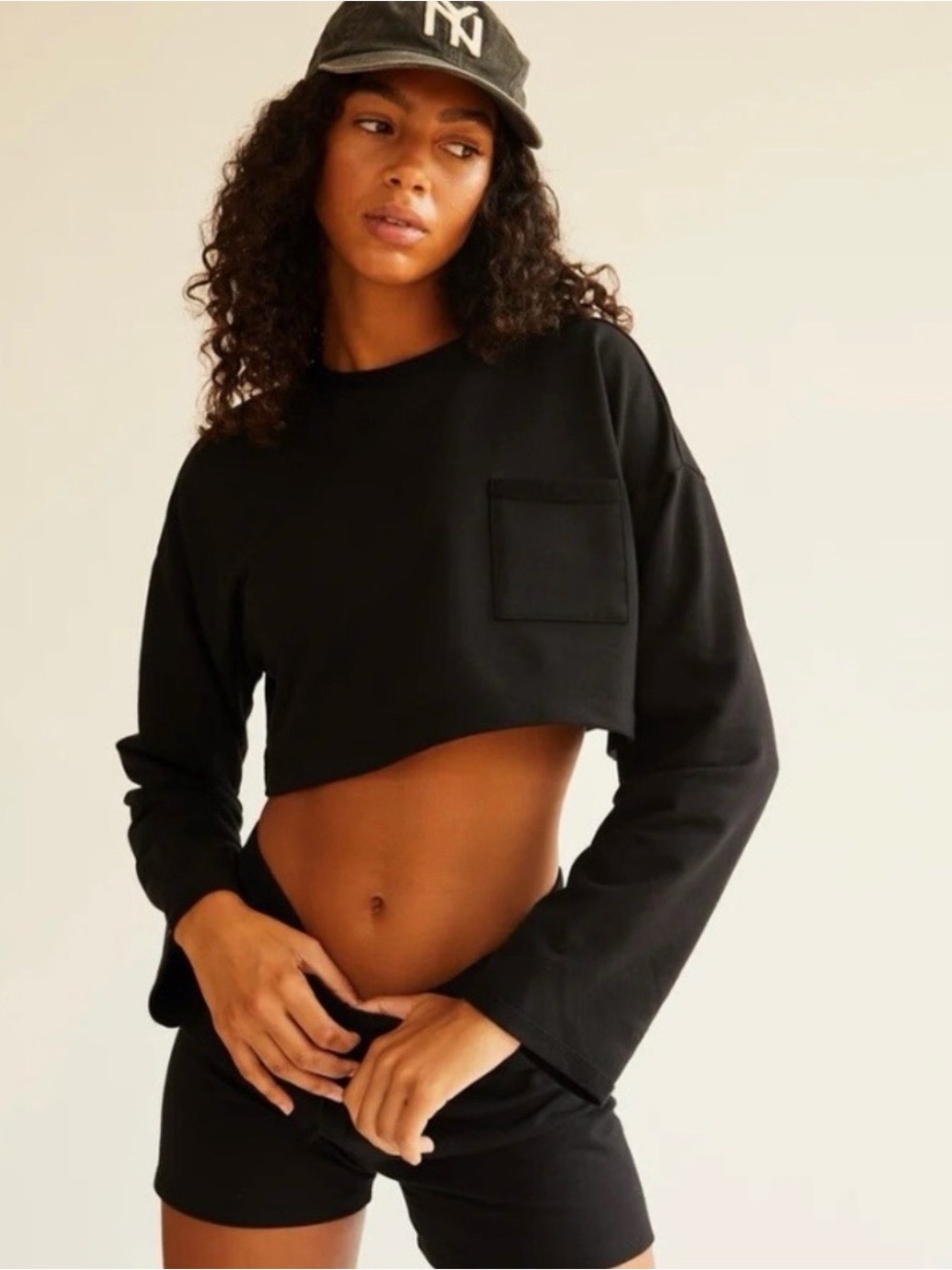 Free People Movement Sunny Long Sleeve Tee Black Cropped Pocket Top